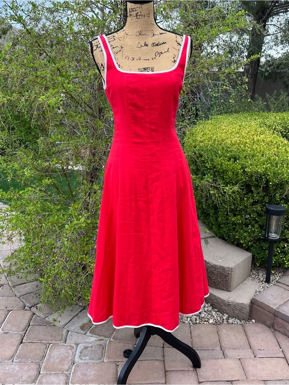 For All Mankind Red Linen Blend Midi Dress White Trim Fit & Flare Size M NWT - Picture 2 of 6
